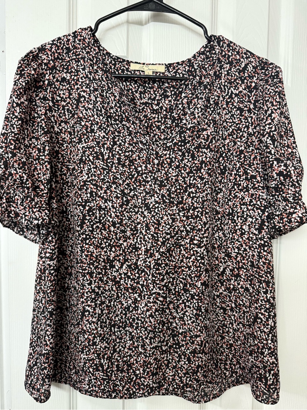 Les Serein Women's Black Blouse w/ Pink Nude & White Speckle Print Sz L (sku0116